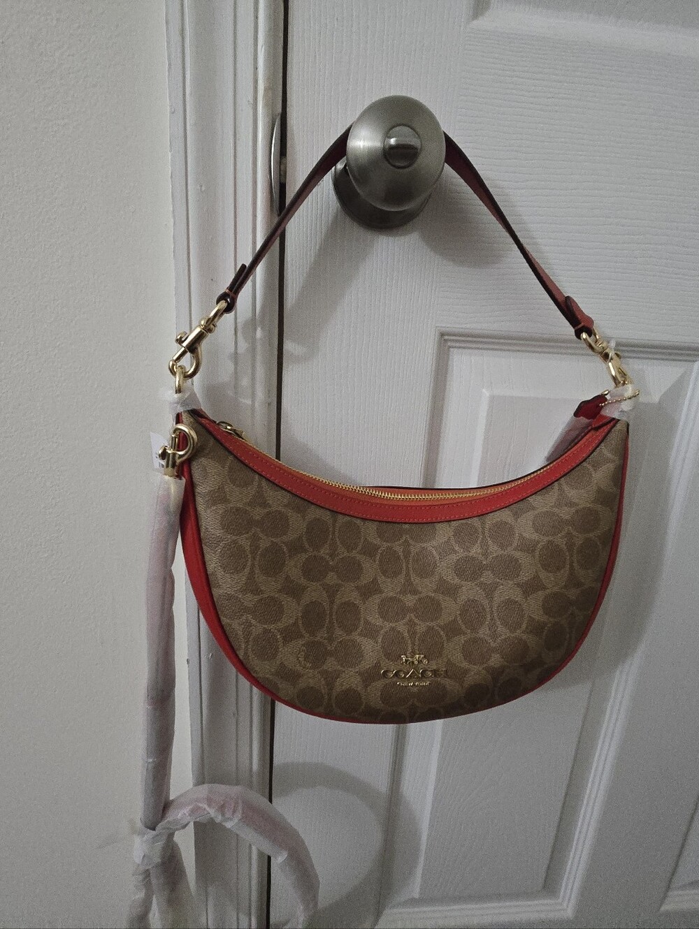 Coach Aria Shoulder Bag In Signature Canvas In Tan/Carnation